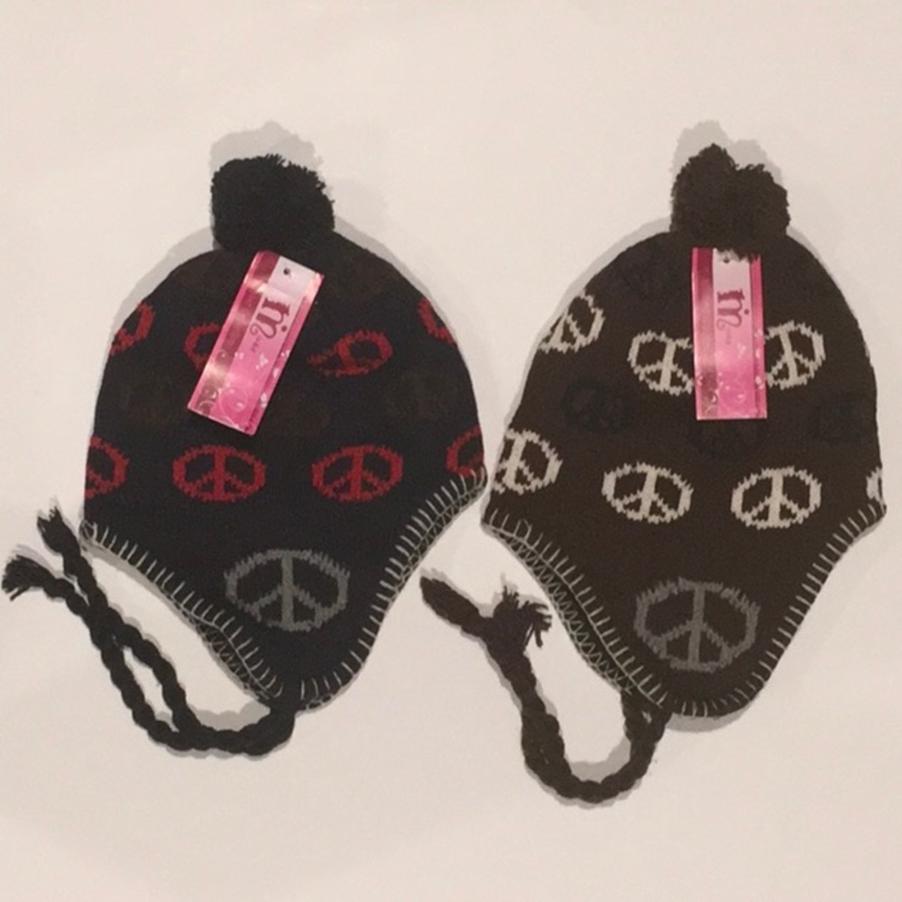 Minky Winter Collection Knit Winter Hats Peace Design with Chin Ties Blue&Brown